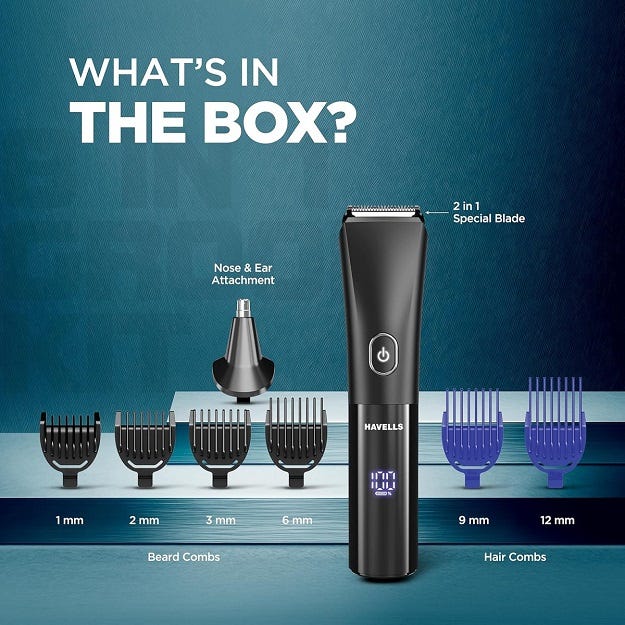 What's in the box - trimmer, 2-in-1 special blade, nose & ear attachment, 1mm 2mm 3mm 6mm beard combs, 9mm 12mm hair combs