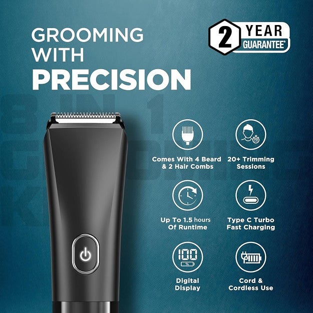 Grooming with precision - 4 beard & 2 hair combs, 20+ sessions, 1.5 hours runtime, Type-C turbo charging, digital display, cord & cordless use, 2 year guarantee