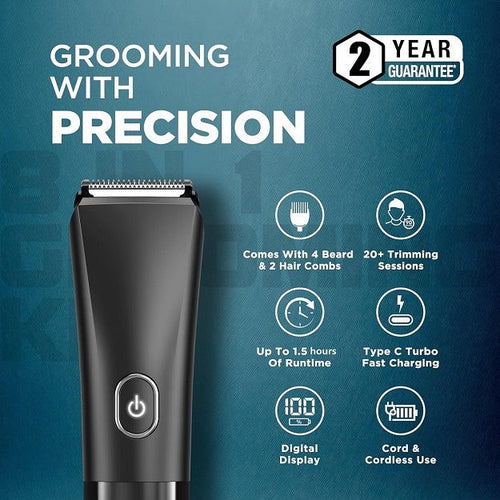 Grooming with precision - 4 beard & 2 hair combs, 20+ sessions, 1.5 hours runtime, Type-C turbo charging, digital display, cord & cordless use, 2 year guarantee