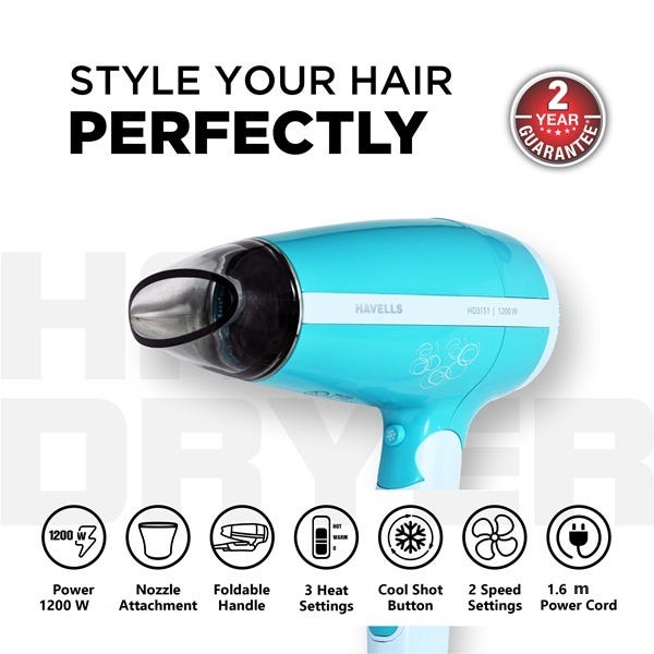 Havells HD3151 specifications - 1200W, nozzle attachment, foldable handle, 3 heat settings, cool shot button, 2 speed settings, 1.6m power cord, 2 year guarantee