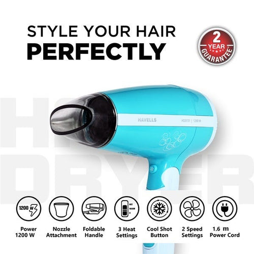 Havells HD3151 specifications - 1200W, nozzle attachment, foldable handle, 3 heat settings, cool shot button, 2 speed settings, 1.6m power cord, 2 year guarantee