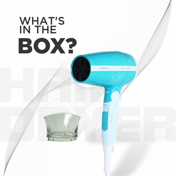 What's in the box - hair dryer, detachable nozzle, instruction manual