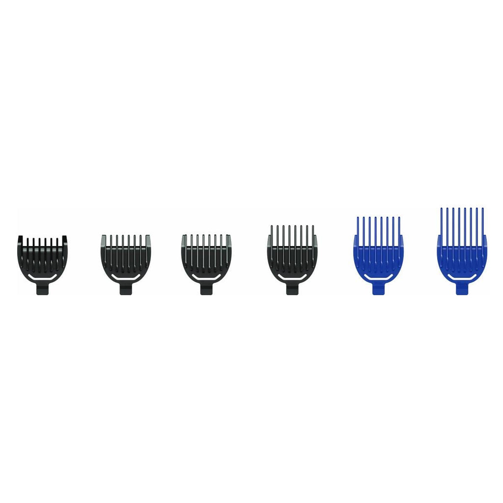 6 guide combs - 4 black beard combs and 2 blue hair combs