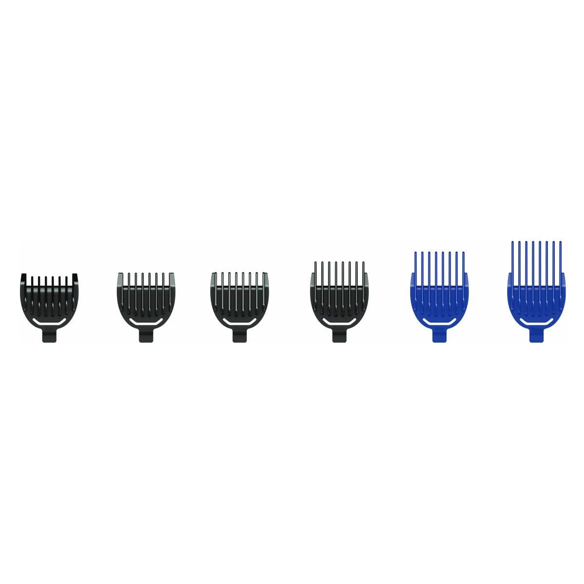 6 guide combs - 4 black beard combs and 2 blue hair combs