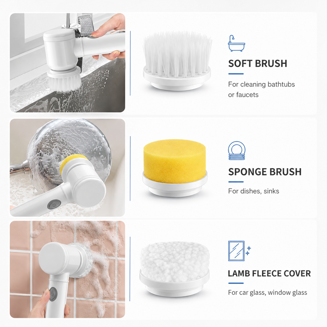 PowerSpin brush heads - soft brush, sponge, lamb fleece uses