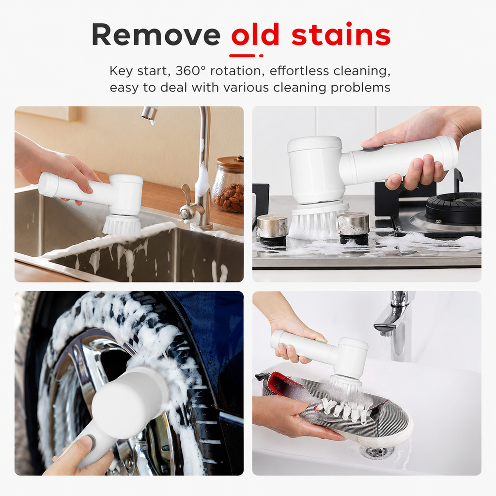 PowerSpin brush in use on sink, stove, tyre, and shoes